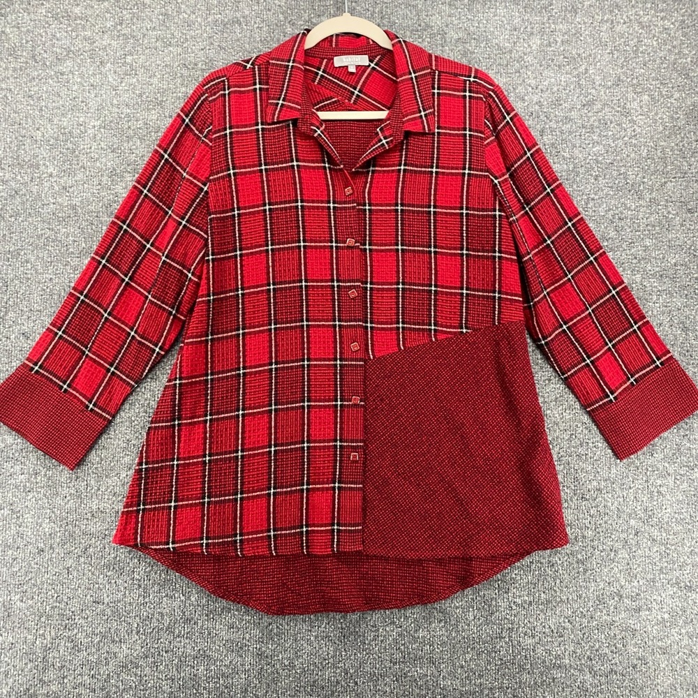 Habitat Blouse Top Womens S Tunic Red Patchwork Button Up Artsy Lagenlook‎ Hobo